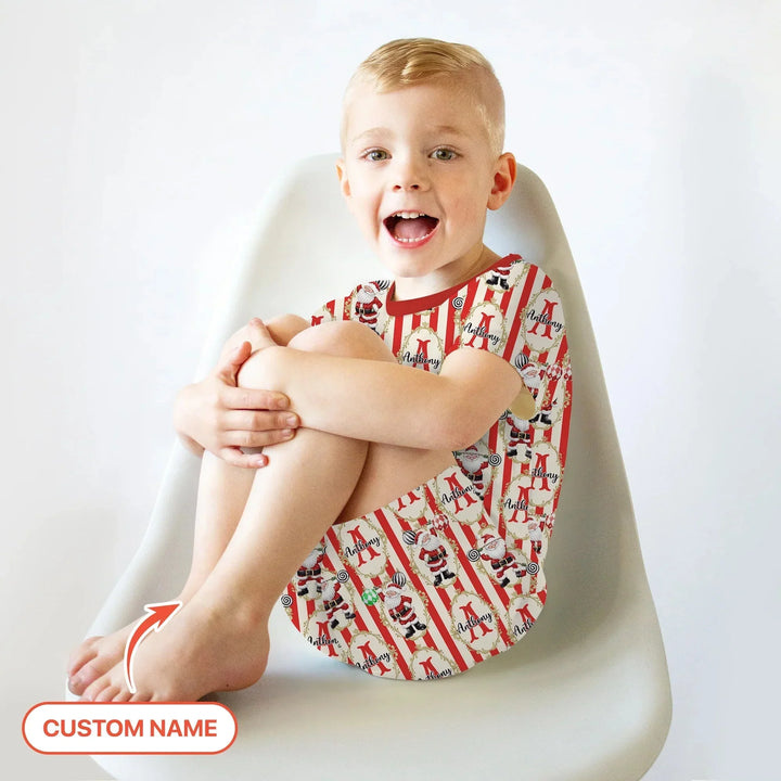 Custom Name Santa Stripes Two Piece Short Sleeve Shorts Pajama Set , Custom Name Santa Stripes Two Piece Short Sleeve Shorts Pajama Set - 12-18M