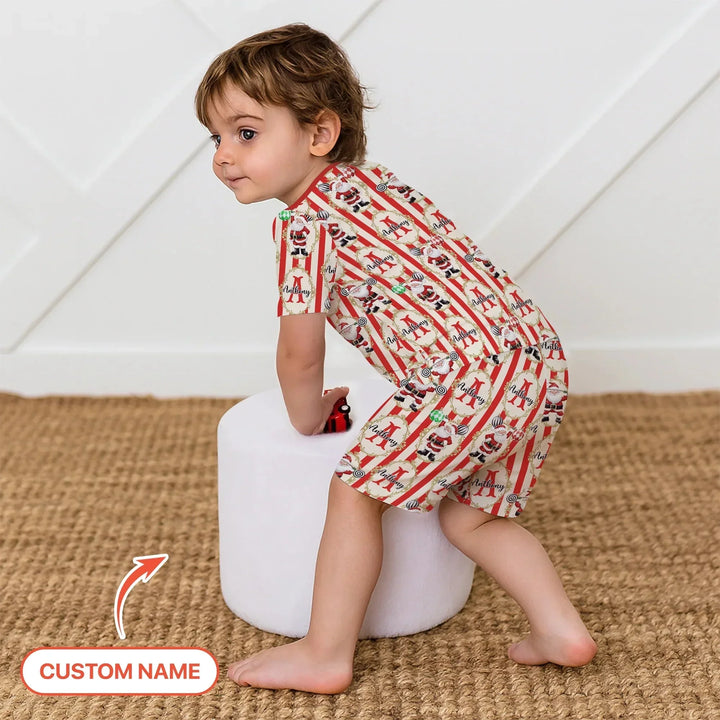 Custom Name Santa Stripes Two Piece Short Sleeve Shorts Pajama Set , Custom Name Santa Stripes Two Piece Short Sleeve Shorts Pajama Set - 12-18M
