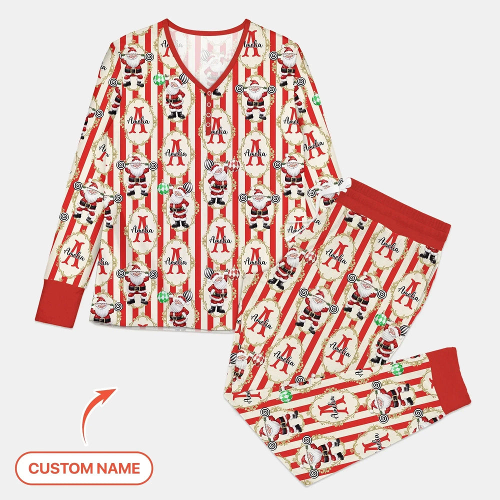 Custom Name Santa Stripes Women Pajama Set , Custom Name Santa Stripes Women Pajama Set - Combo Shirt & Pants / S