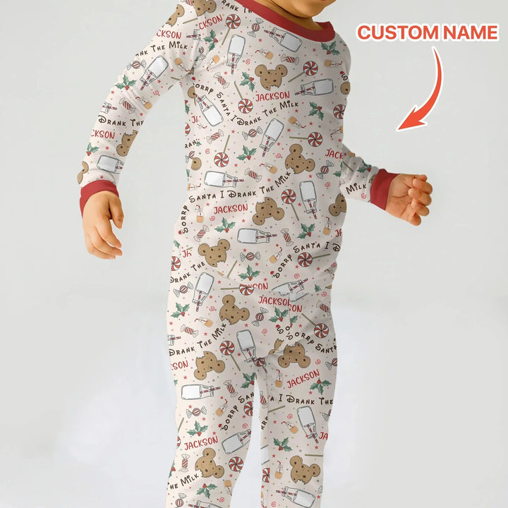 Custom Name Sorry Santa I Drank The Milk Two Piece Long Sleeve Pajama Set , Custom Name Sorry Santa I Drank The Milk Two Piece Long Sleeve Pajama Set - 12-18M