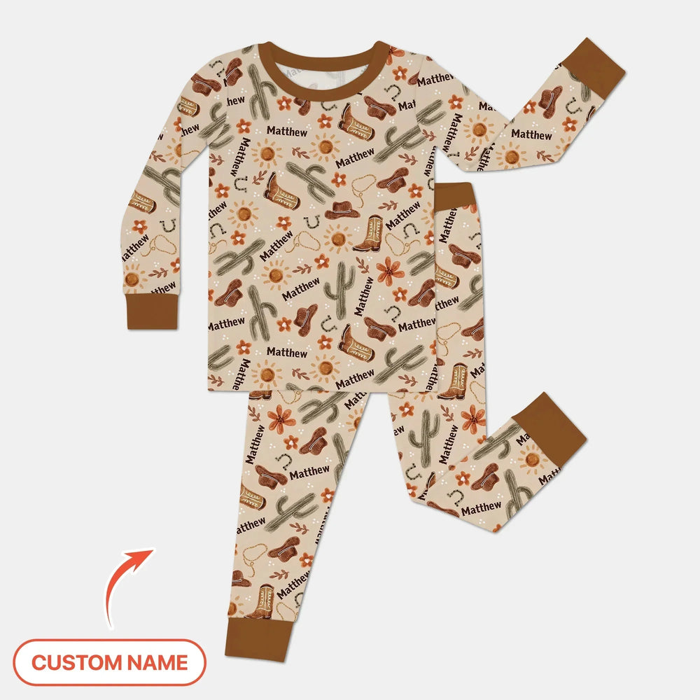 Custom Name Western Cowboy Stuff Two Piece Long Sleeve Pajama Set , Custom Name Western Cowboy Stuff Two Piece Long Sleeve Pajama Set - 12-18M