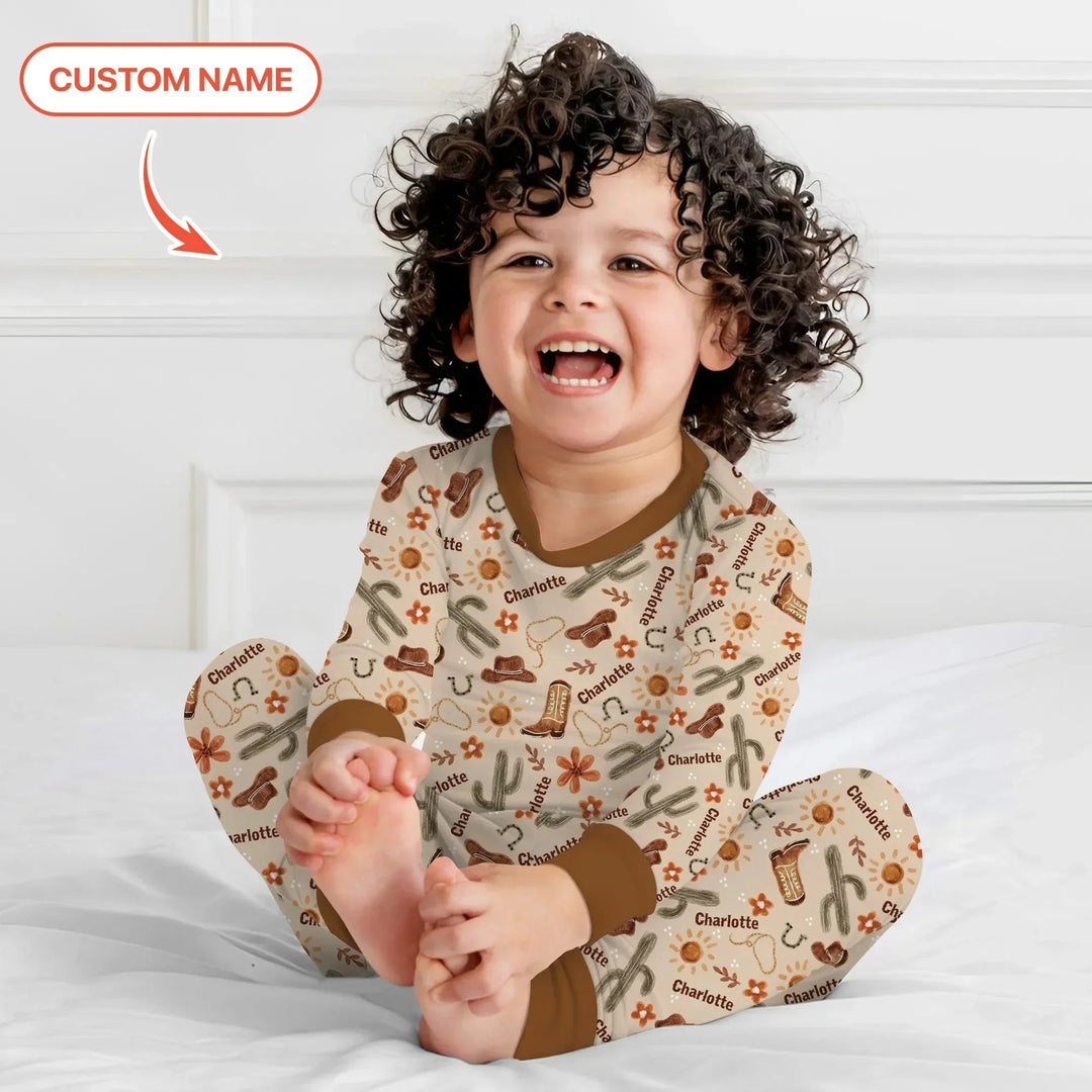 Custom Name Western Cowboy Stuff Two Piece Long Sleeve Pajama Set , Custom Name Western Cowboy Stuff Two Piece Long Sleeve Pajama Set - 12-18M