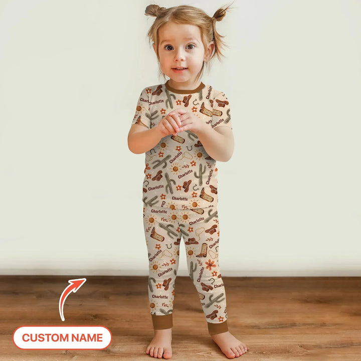 Custom Name Western Cowboy Stuff Two Piece Short Sleeve Pajama Set , Custom Name Western Cowboy Stuff Two Piece Short Sleeve Pajama Set - 12-18M