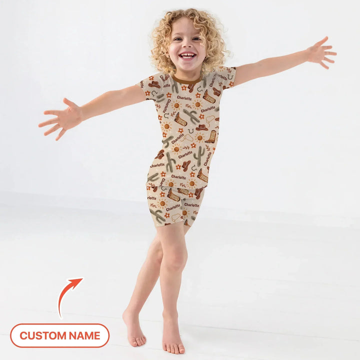 Custom Name Western Cowboy Stuff Two Piece Short Sleeve Shorts Pajama Set , Custom Name Western Cowboy Stuff Two Piece Short Sleeve Shorts Pajama Set - 12-18M