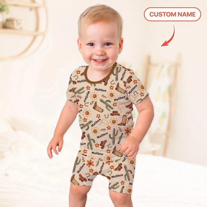 Custom Name Western Cowboy Stuff Two Piece Short Sleeve Shorts Pajama Set , Custom Name Western Cowboy Stuff Two Piece Short Sleeve Shorts Pajama Set - 12-18M