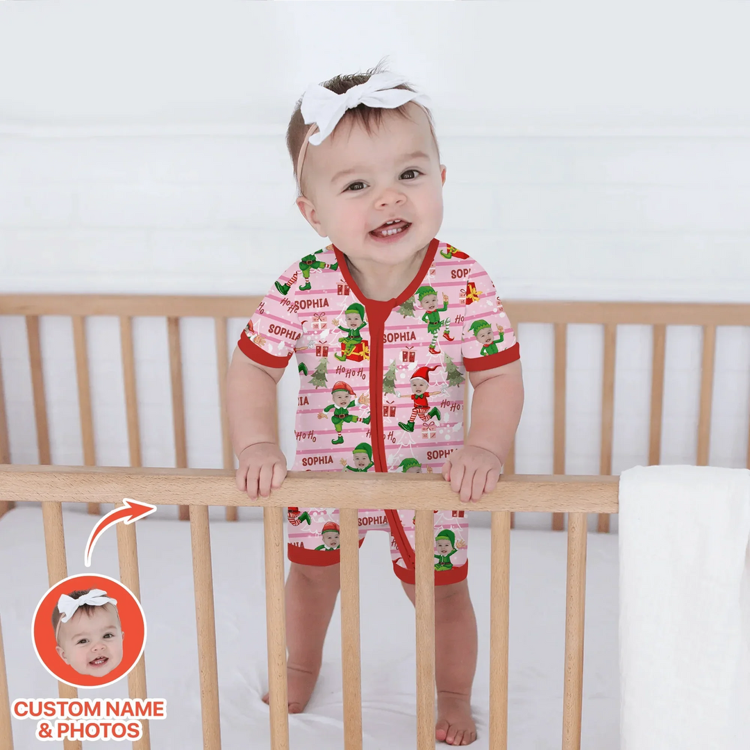Custom Photo Baby Christmas Elf Christmas Shorty Zippy , Custom Photo Baby Christmas Elf Christmas Shorty Zippy - 0-3M