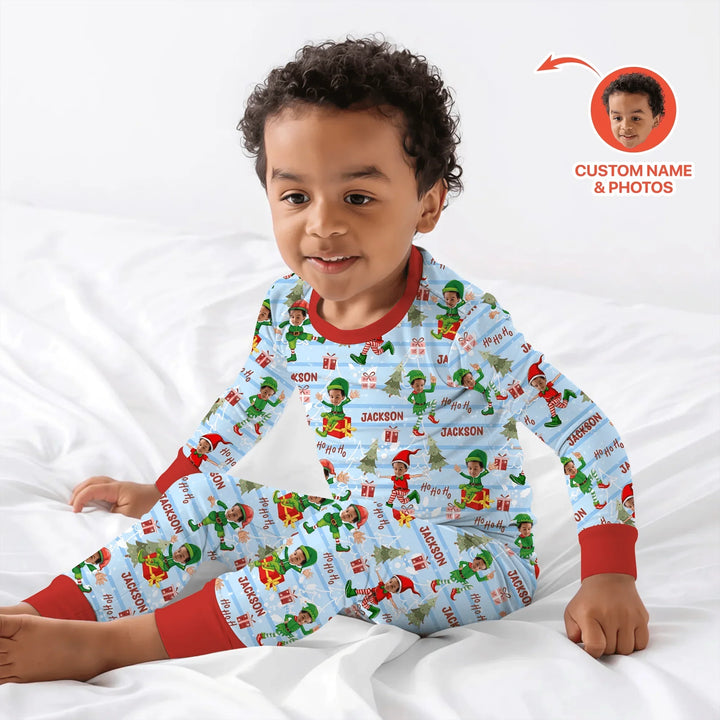 Custom Photo Baby Christmas Elf Two Piece Long Sleeve Pajama Set , Custom Photo Baby Christmas Elf Two Piece Long Sleeve Pajama Set - 12-18M