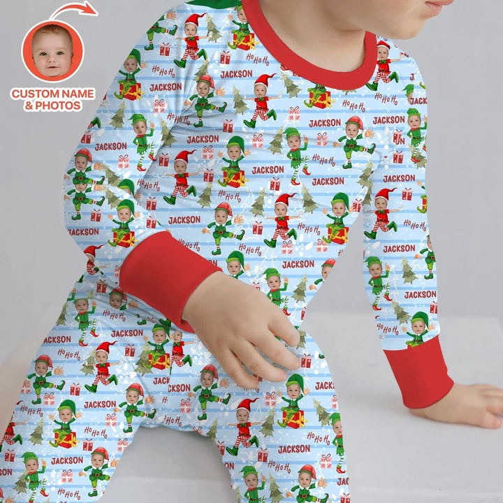 Custom Photo Baby Christmas Elf Two Piece Long Sleeve Pajama Set , Custom Photo Baby Christmas Elf Two Piece Long Sleeve Pajama Set - 12-18M