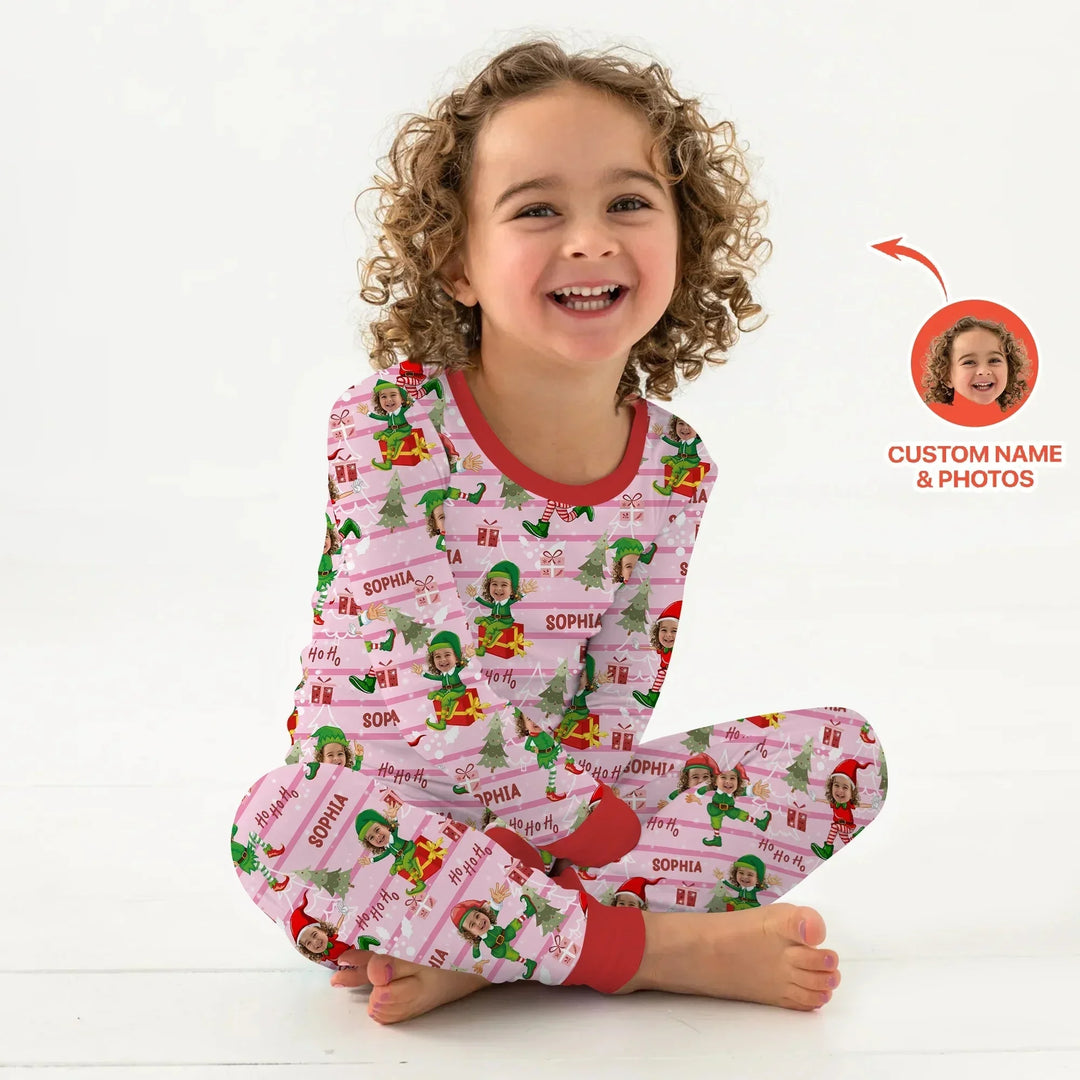 Custom Photo Baby Christmas Elf Two Piece Long Sleeve Pajama Set , Custom Photo Baby Christmas Elf Two Piece Long Sleeve Pajama Set - 12-18M