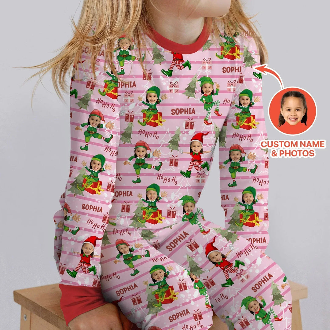 Custom Photo Baby Christmas Elf Two Piece Long Sleeve Pajama Set , Custom Photo Baby Christmas Elf Two Piece Long Sleeve Pajama Set - 12-18M