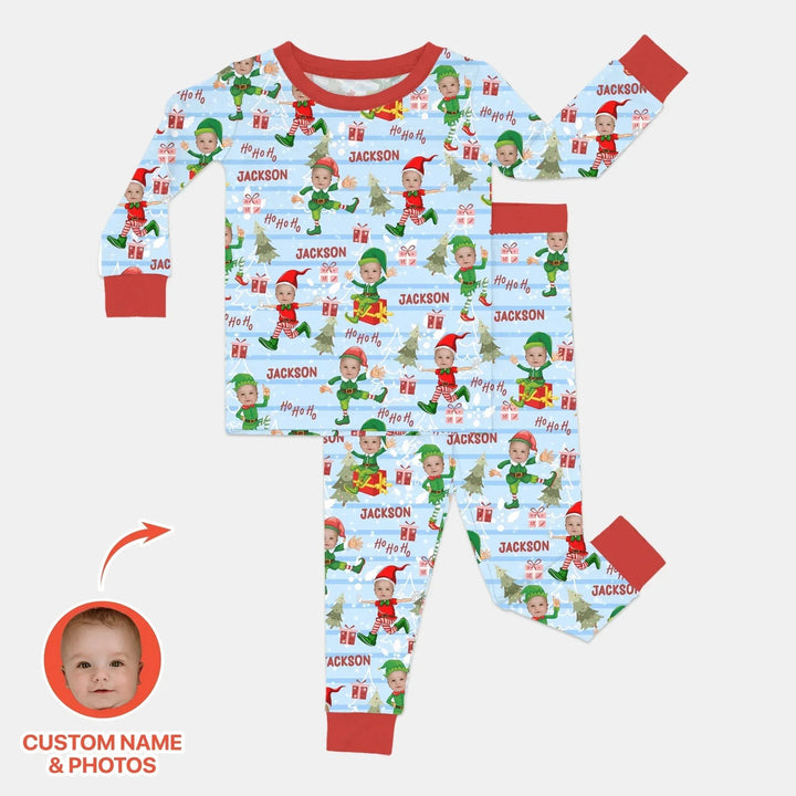 Custom Photo Baby Christmas Elf Two Piece Long Sleeve Pajama Set , Custom Photo Baby Christmas Elf Two Piece Long Sleeve Pajama Set - 12-18M