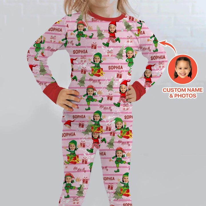 Custom Photo Baby Christmas Elf Two Piece Long Sleeve Pajama Set , Custom Photo Baby Christmas Elf Two Piece Long Sleeve Pajama Set - 12-18M
