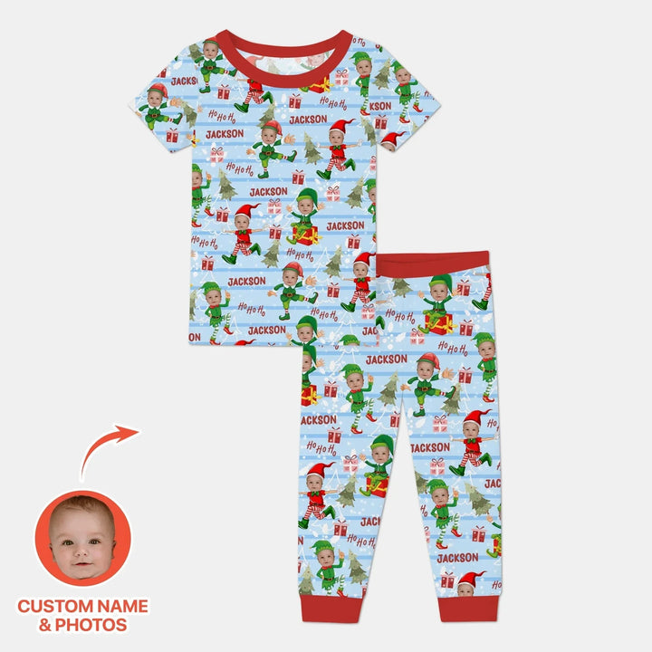 Custom Photo Baby Christmas Elf Two Piece Short Sleeve Pajama Set , Custom Photo Baby Christmas Elf Two Piece Short Sleeve Pajama Set - 12-18M