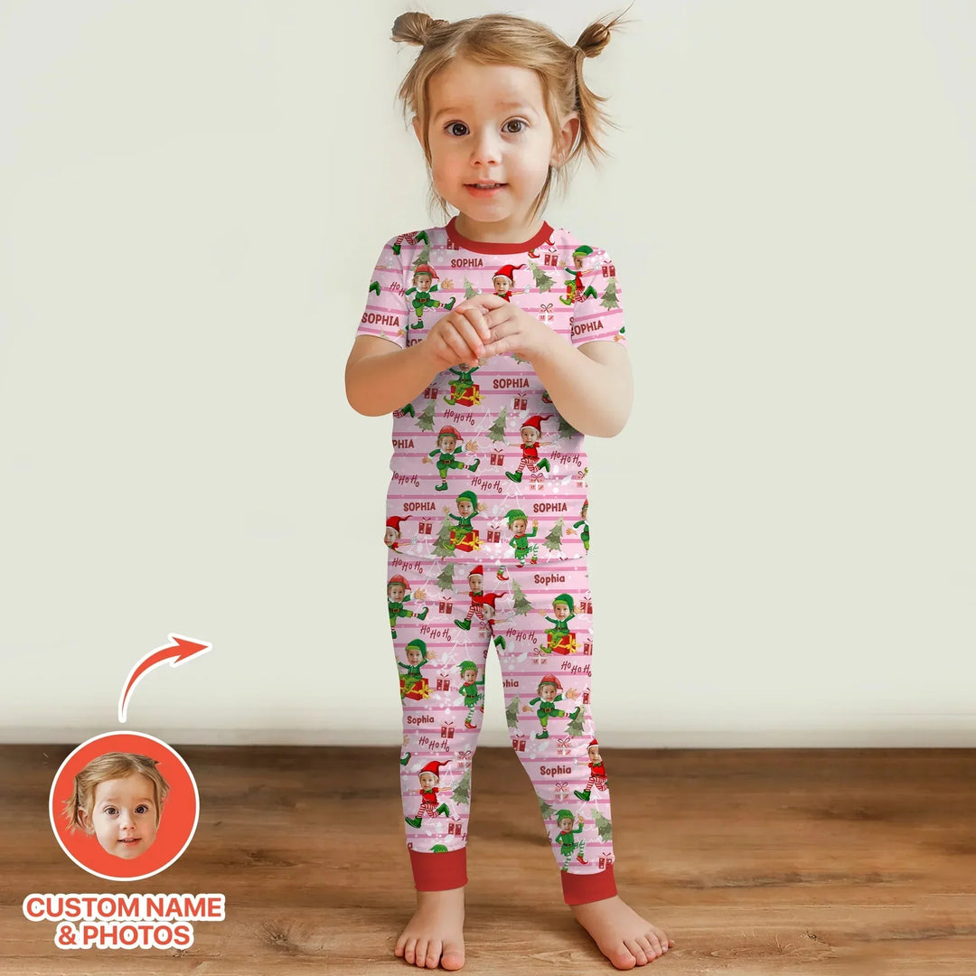 Custom Photo Baby Christmas Elf Two Piece Short Sleeve Pajama Set , Custom Photo Baby Christmas Elf Two Piece Short Sleeve Pajama Set - 12-18M