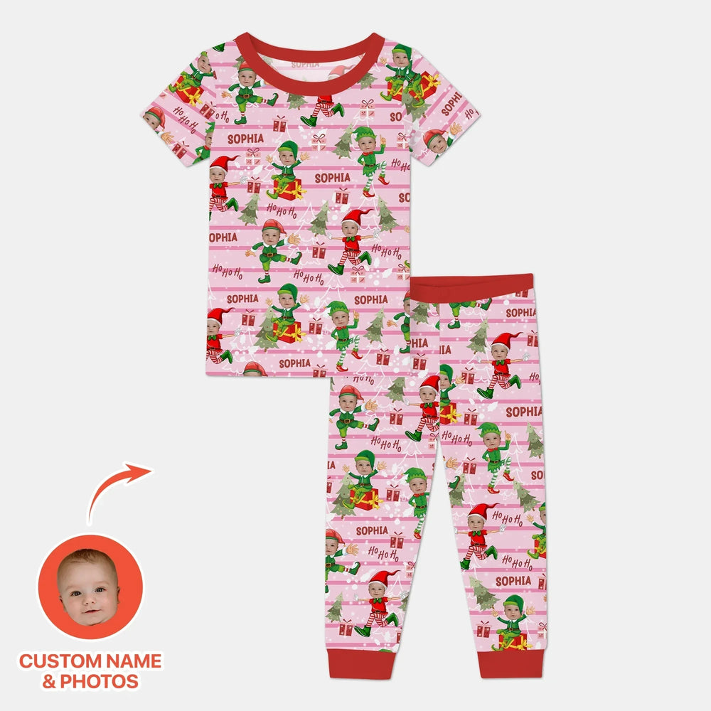 Custom Photo Baby Christmas Elf Two Piece Short Sleeve Pajama Set , Custom Photo Baby Christmas Elf Two Piece Short Sleeve Pajama Set - 12-18M