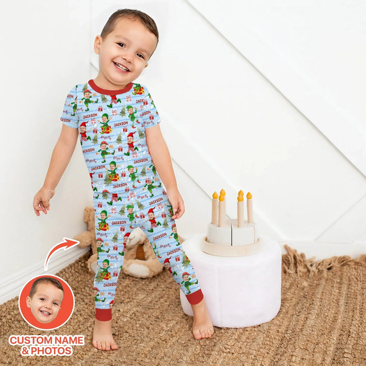 Custom Photo Baby Christmas Elf Two Piece Short Sleeve Pajama Set , Custom Photo Baby Christmas Elf Two Piece Short Sleeve Pajama Set - 12-18M