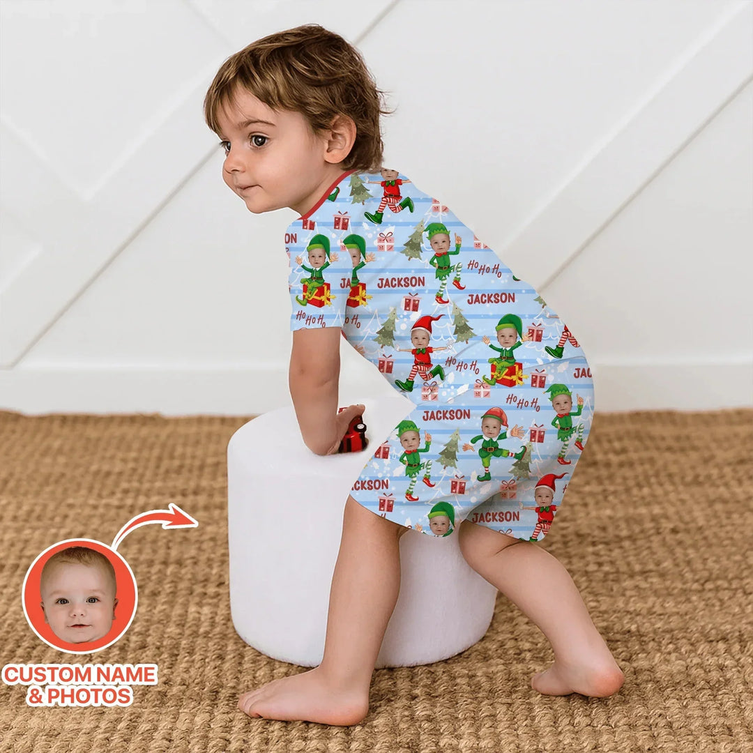 Custom Photo Baby Christmas Elf Two Piece Short Sleeve Shorts Pajama Set , Custom Photo Baby Christmas Elf Two Piece Short Sleeve Shorts Pajama Set - 12-18M