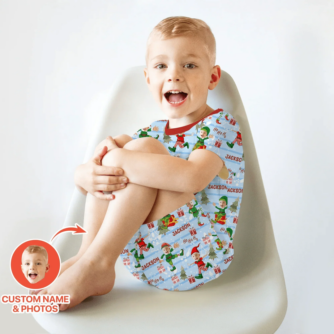 Custom Photo Baby Christmas Elf Two Piece Short Sleeve Shorts Pajama Set , Custom Photo Baby Christmas Elf Two Piece Short Sleeve Shorts Pajama Set - 12-18M