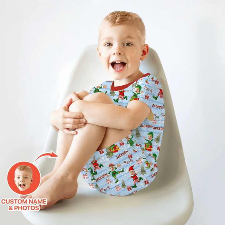 Custom Photo Baby Christmas Elf Two Piece Short Sleeve Shorts Pajama Set , Custom Photo Baby Christmas Elf Two Piece Short Sleeve Shorts Pajama Set - 12-18M