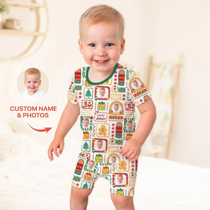 Custom Photo Christmas Frame Custom Name Short Sleeve Pajama Set , Custom Photo Christmas Frame Custom Name Short Sleeve Pajama Set - 12-18M