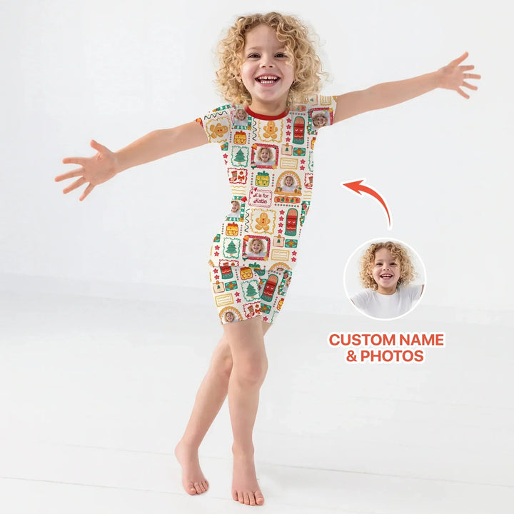 Custom Photo Christmas Frame Custom Name Short Sleeve Pajama Set , Custom Photo Christmas Frame Custom Name Short Sleeve Pajama Set - 12-18M