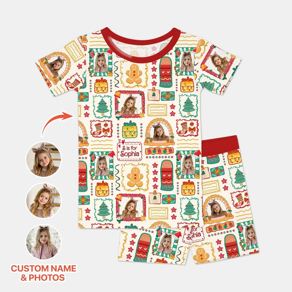 Custom Photo Christmas Frame Custom Name Short Sleeve Pajama Set , Custom Photo Christmas Frame Custom Name Short Sleeve Pajama Set - 12-18M