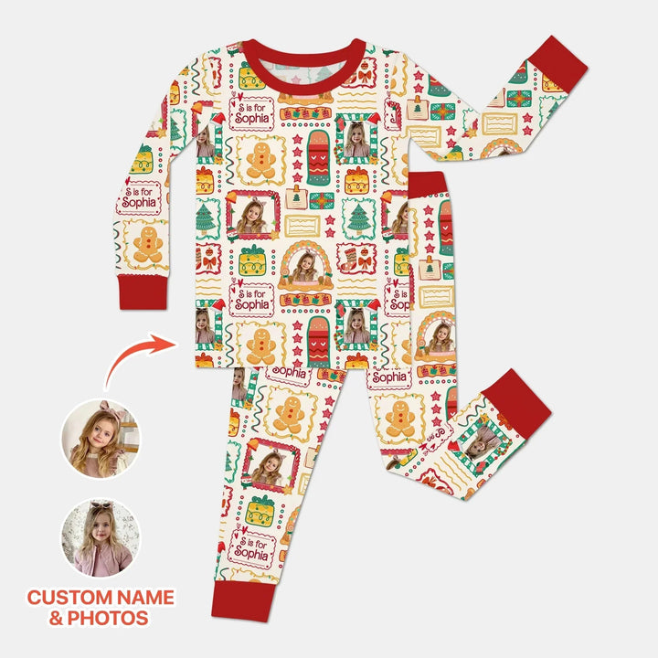 Custom Photo Christmas Frame Custom Name Two Piece Long Sleeve Pajama Set , Custom Photo Christmas Frame Custom Name Two Piece Long Sleeve Pajama Set - 12-18M