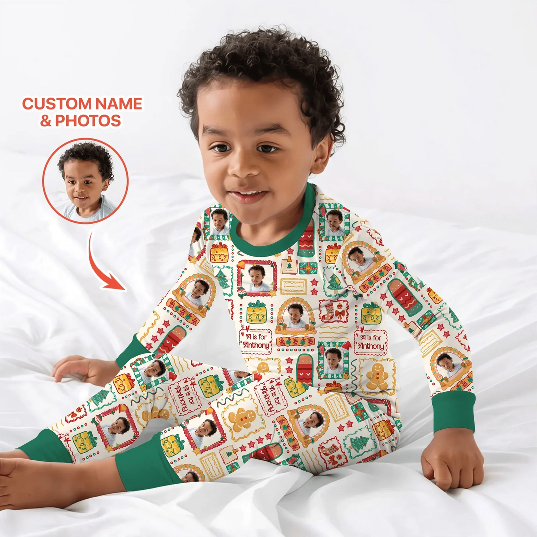 Custom Photo Christmas Frame Custom Name Two Piece Long Sleeve Pajama Set , Custom Photo Christmas Frame Custom Name Two Piece Long Sleeve Pajama Set - 12-18M