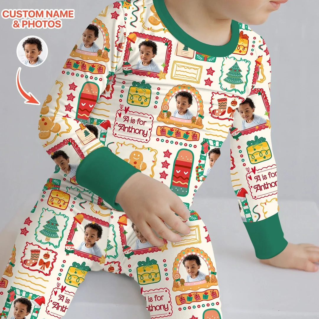 Custom Photo Christmas Frame Custom Name Two Piece Long Sleeve Pajama Set , Custom Photo Christmas Frame Custom Name Two Piece Long Sleeve Pajama Set - 12-18M