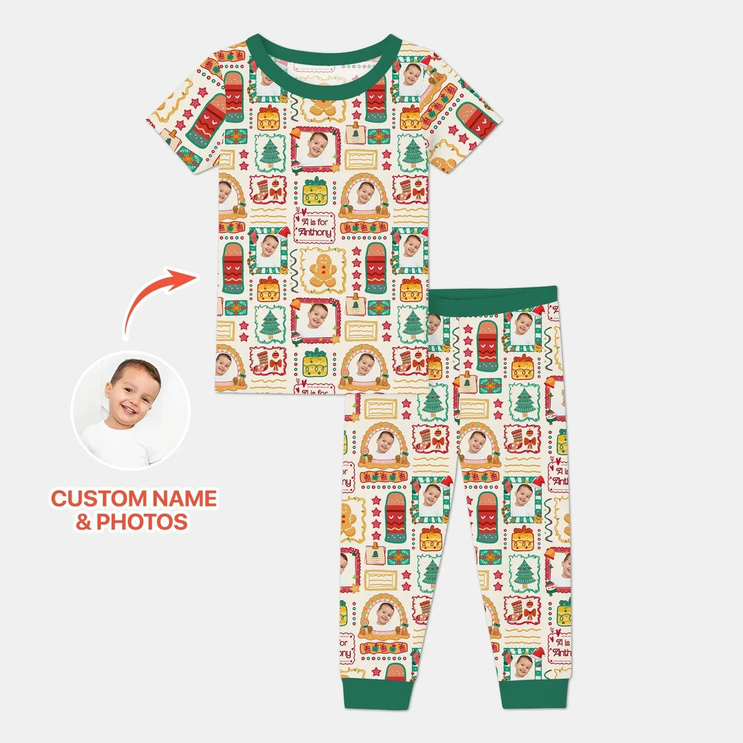 Custom Photo Christmas Frame Custom Name Two Piece Short Sleeve Pajama Set , Custom Photo Christmas Frame Custom Name Two Piece Short Sleeve Pajama Set - 12-18M