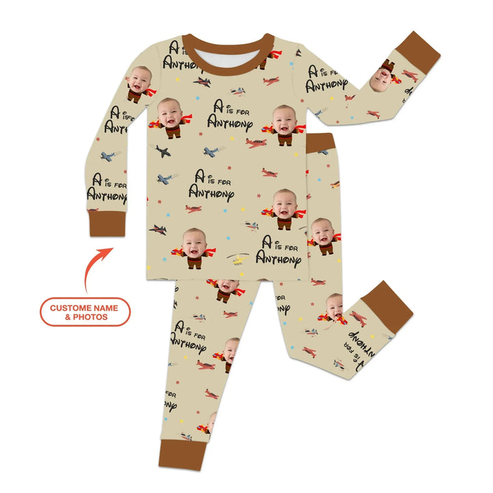 Custom Photo Face Dream Jobs Pilot Two Piece Long Sleeve Pajama Set , Custom Photo Face Dream Jobs Pilot Two Piece Long Sleeve Pajama Set - 12-18M