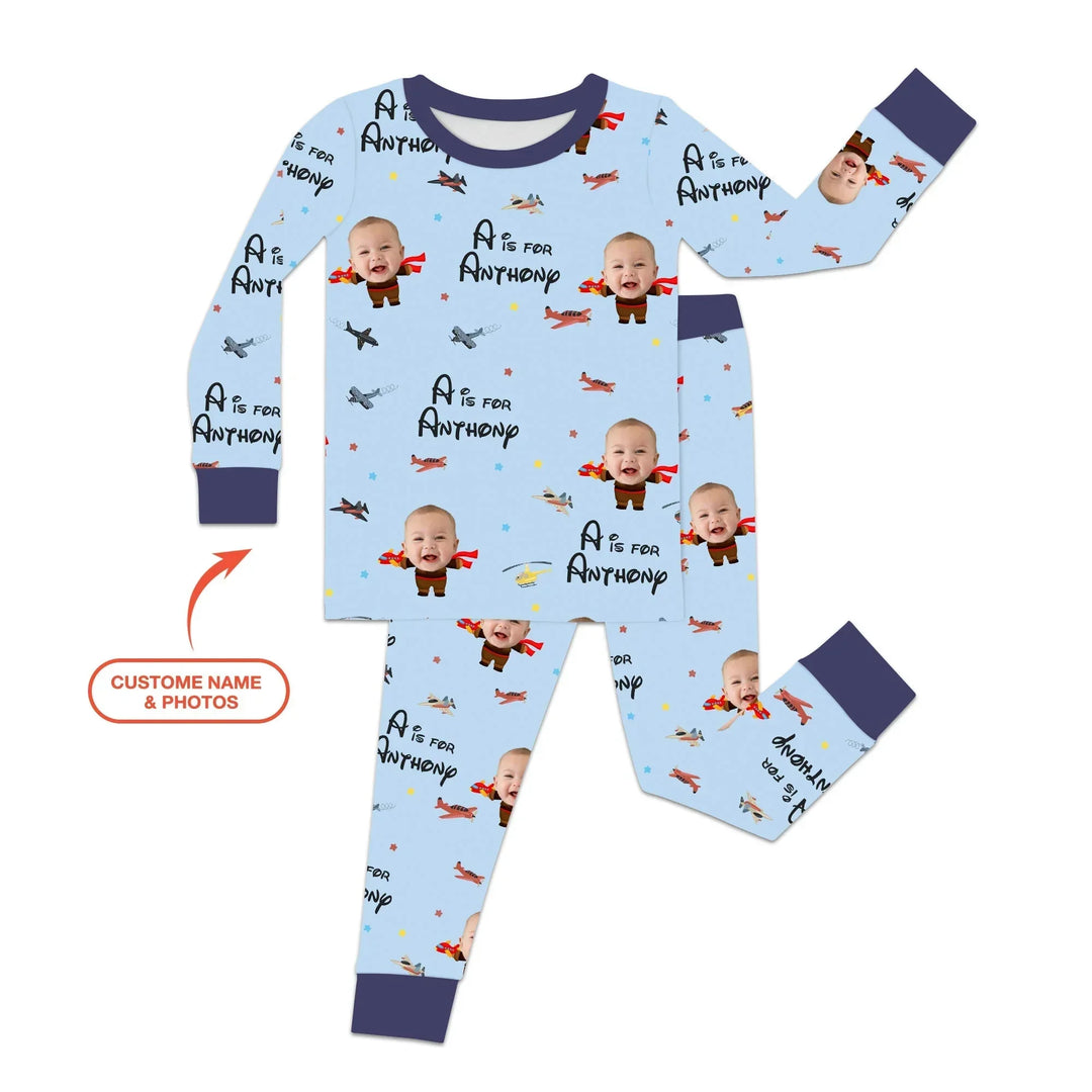 Custom Photo Face Dream Jobs Pilot Two Piece Long Sleeve Pajama Set , Custom Photo Face Dream Jobs Pilot Two Piece Long Sleeve Pajama Set - 12-18M