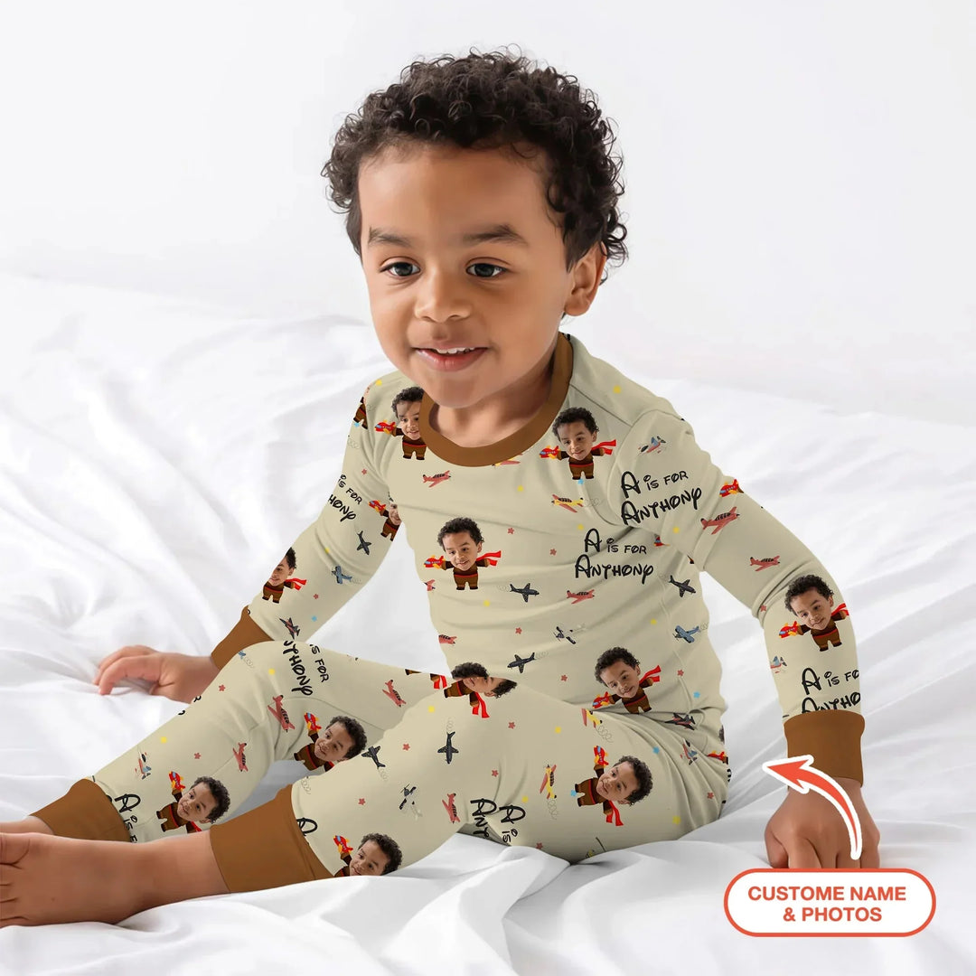 Custom Photo Face Dream Jobs Pilot Two Piece Long Sleeve Pajama Set , Custom Photo Face Dream Jobs Pilot Two Piece Long Sleeve Pajama Set - 12-18M