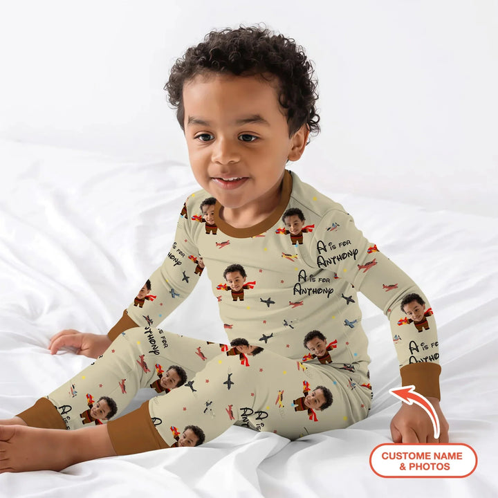 Custom Photo Face Dream Jobs Pilot Two Piece Long Sleeve Pajama Set , Custom Photo Face Dream Jobs Pilot Two Piece Long Sleeve Pajama Set - 12-18M