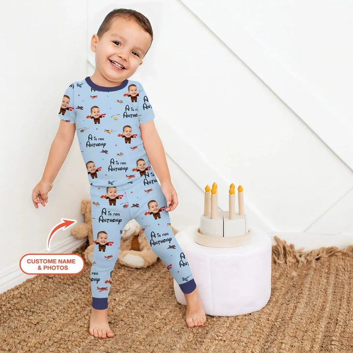 Custom Photo Face Dream Jobs Pilot Two Piece Short Sleeve Pajama Set , Custom Photo Face Dream Jobs Pilot Two Piece Short Sleeve Pajama Set - 12-18M