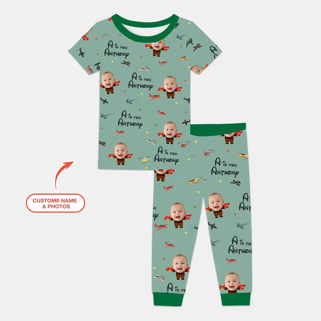 Custom Photo Face Dream Jobs Pilot Two Piece Short Sleeve Pajama Set , Custom Photo Face Dream Jobs Pilot Two Piece Short Sleeve Pajama Set - 12-18M
