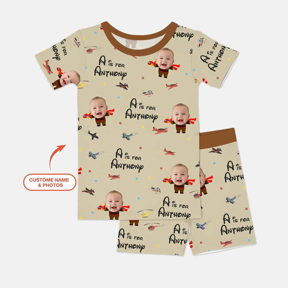 Custom Photo Face Dream Jobs Pilot Two Piece Short Sleeve Shorts Pajama Set , Custom Photo Face Dream Jobs Pilot Two Piece Short Sleeve Shorts Pajama Set - 12-18M