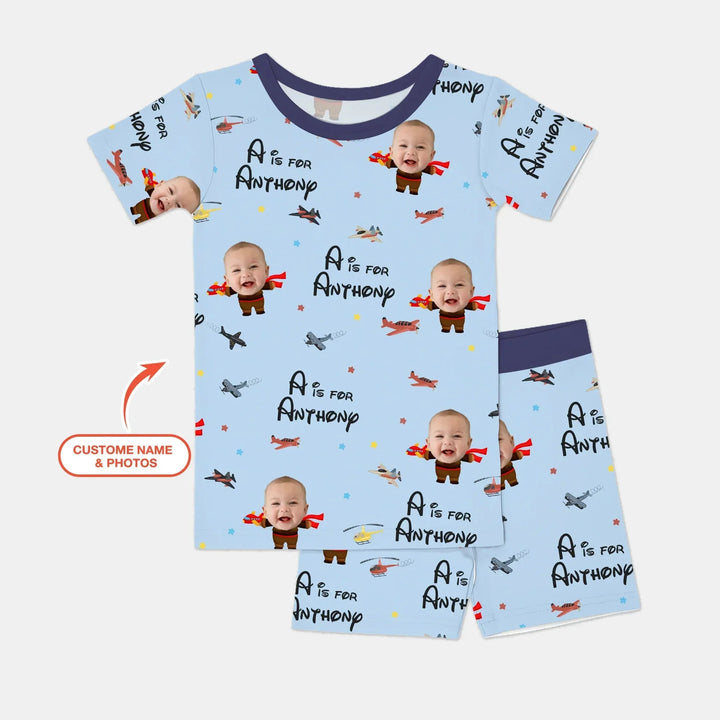 Custom Photo Face Dream Jobs Pilot Two Piece Short Sleeve Shorts Pajama Set , Custom Photo Face Dream Jobs Pilot Two Piece Short Sleeve Shorts Pajama Set - 12-18M