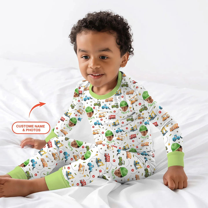 Custom Photo Little Construction Heroes Two Piece Long Sleeve Pajama Set , Custom Photo Little Construction Heroes Two Piece Long Sleeve Pajama Set - 12-18M