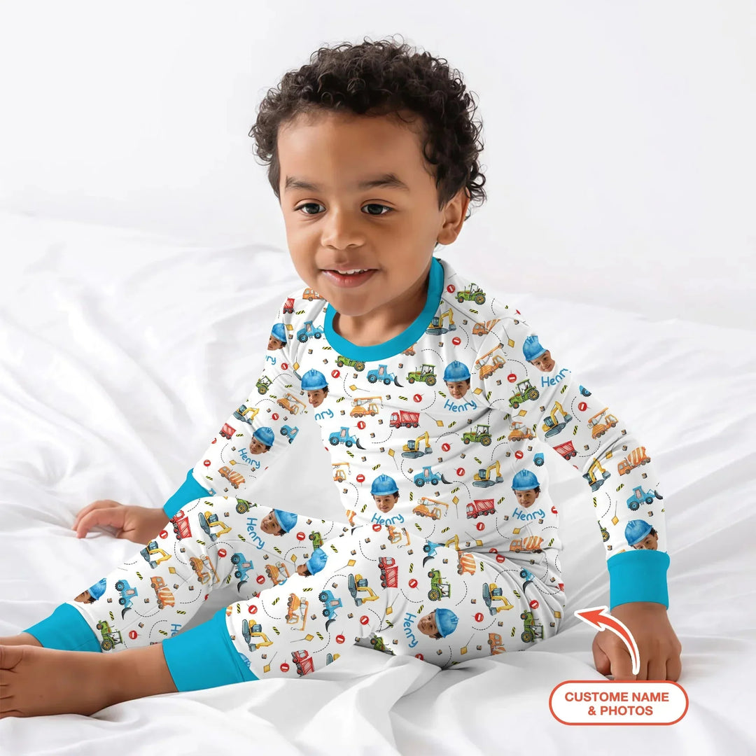 Custom Photo Little Construction Heroes Two Piece Long Sleeve Pajama Set , Custom Photo Little Construction Heroes Two Piece Long Sleeve Pajama Set - 12-18M