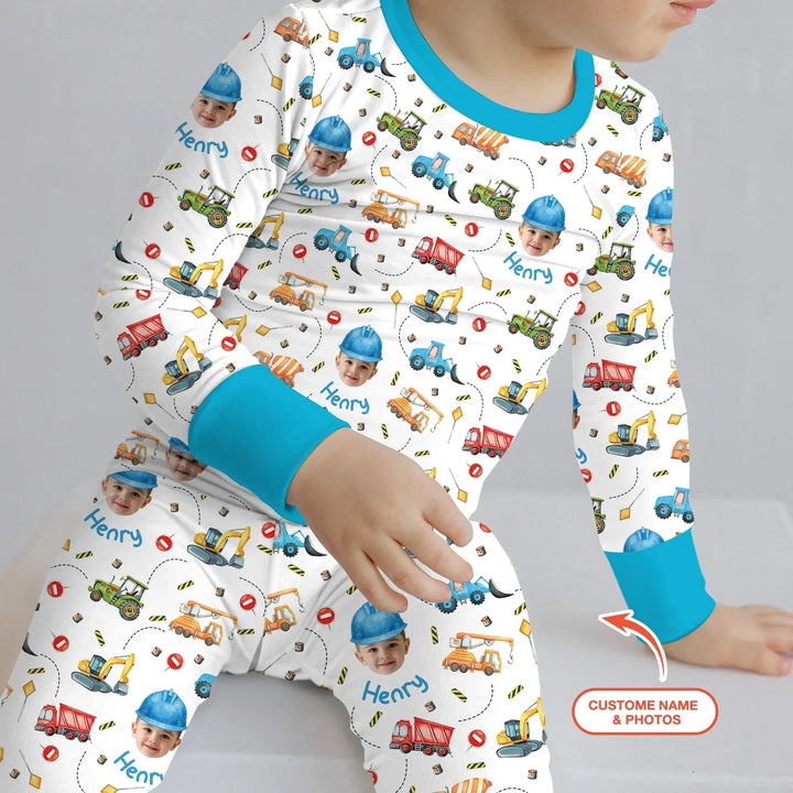 Custom Photo Little Construction Heroes Two Piece Long Sleeve Pajama Set , Custom Photo Little Construction Heroes Two Piece Long Sleeve Pajama Set - 12-18M