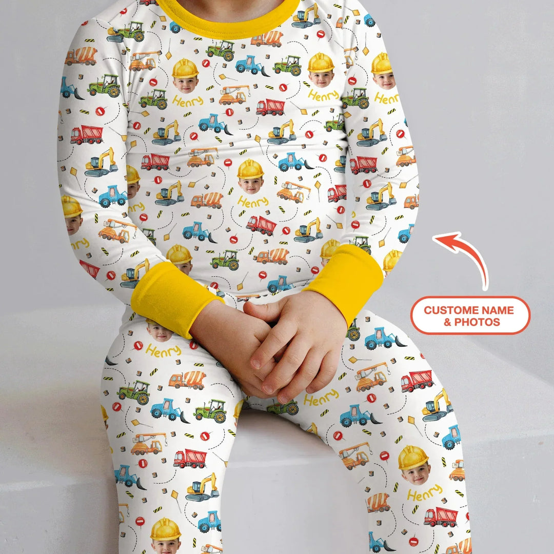 Custom Photo Little Construction Heroes Two Piece Long Sleeve Pajama Set , Custom Photo Little Construction Heroes Two Piece Long Sleeve Pajama Set - 12-18M