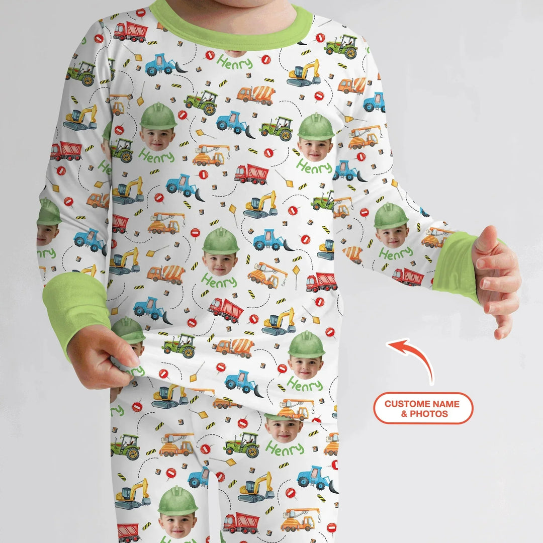 Custom Photo Little Construction Heroes Two Piece Long Sleeve Pajama Set , Custom Photo Little Construction Heroes Two Piece Long Sleeve Pajama Set - 12-18M