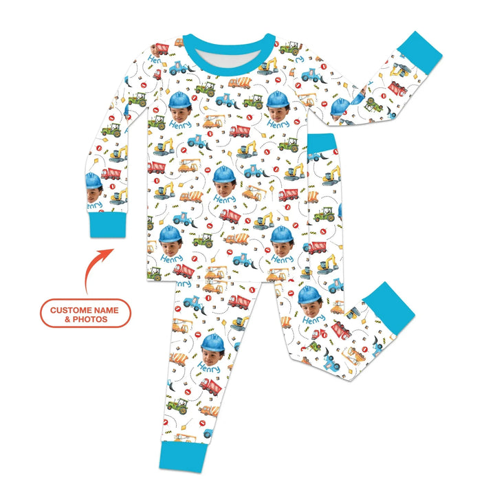 Custom Photo Little Construction Heroes Two Piece Long Sleeve Pajama Set , Custom Photo Little Construction Heroes Two Piece Long Sleeve Pajama Set - 12-18M