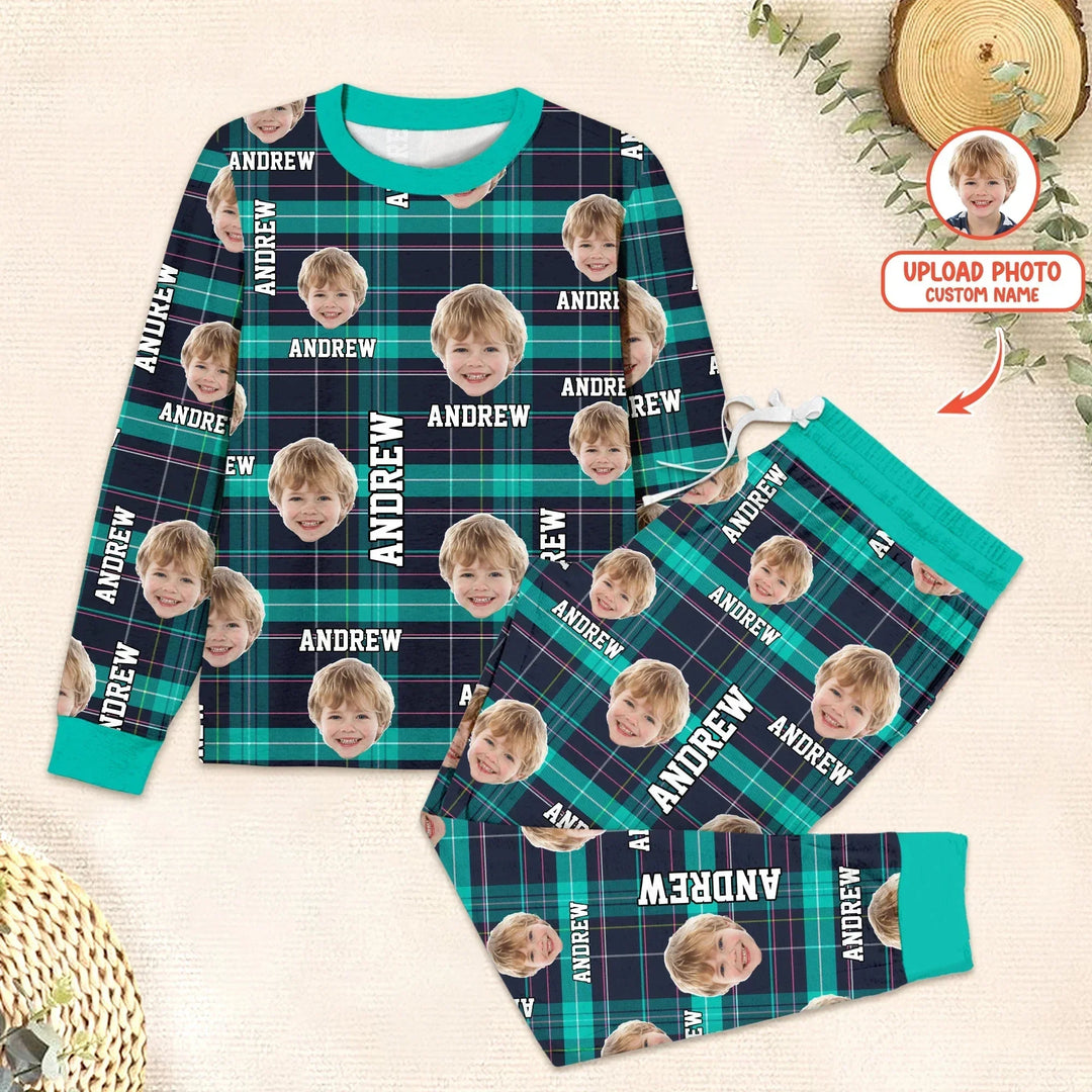 Custom Photo & Name Christmas Plaid Two Piece Long Sleeve Pajama Set , Custom Photo & Name Christmas Plaid Two Piece Long Sleeve Pajama Set - 12-18M