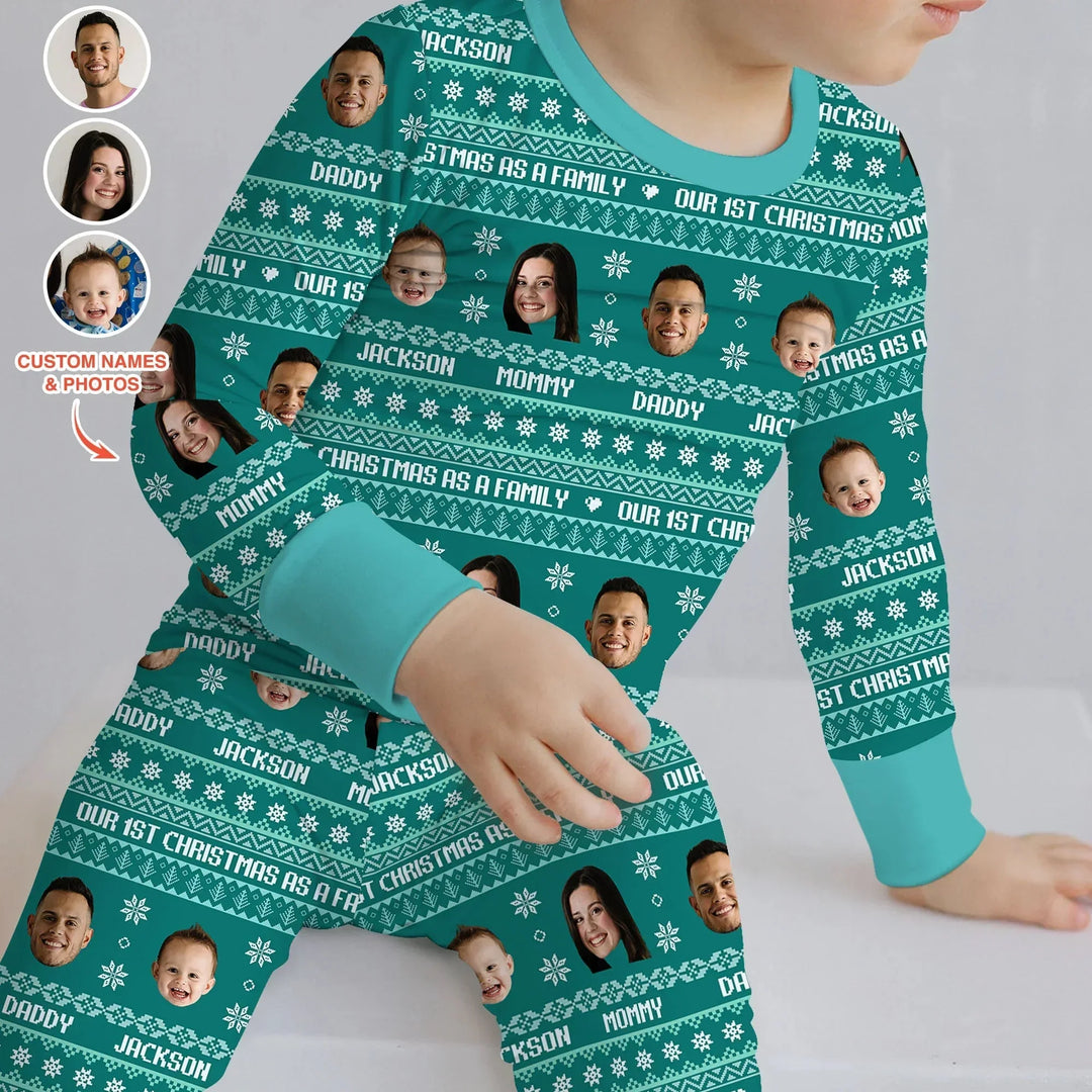 Custom Photo Our 1st Christmas as a Family Two Piece Long Sleeve Pajama Set , Custom Photo Our 1st Christmas as a Family Two Piece Long Sleeve Pajama Set - 12-18M