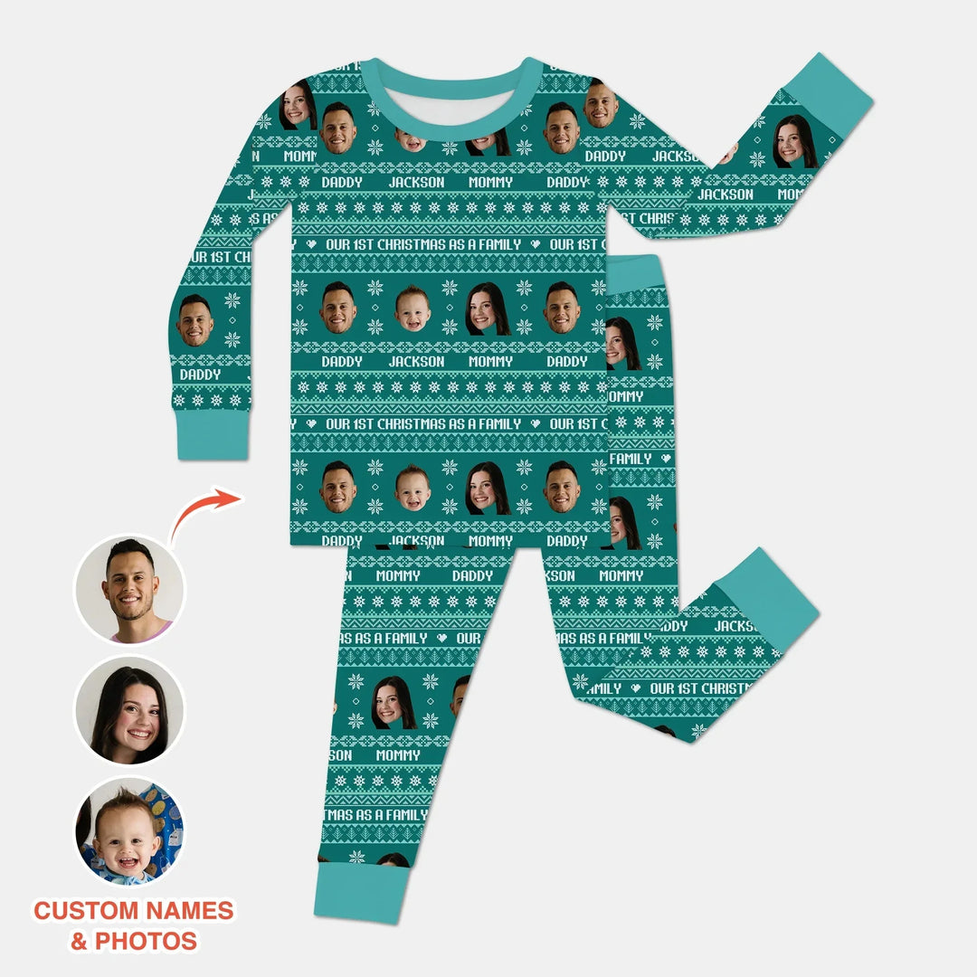 Custom Photo Our 1st Christmas as a Family Two Piece Long Sleeve Pajama Set , Custom Photo Our 1st Christmas as a Family Two Piece Long Sleeve Pajama Set - 12-18M