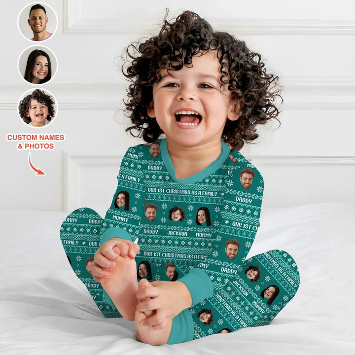 Custom Photo Our 1st Christmas as a Family Two Piece Long Sleeve Pajama Set , Custom Photo Our 1st Christmas as a Family Two Piece Long Sleeve Pajama Set - 12-18M