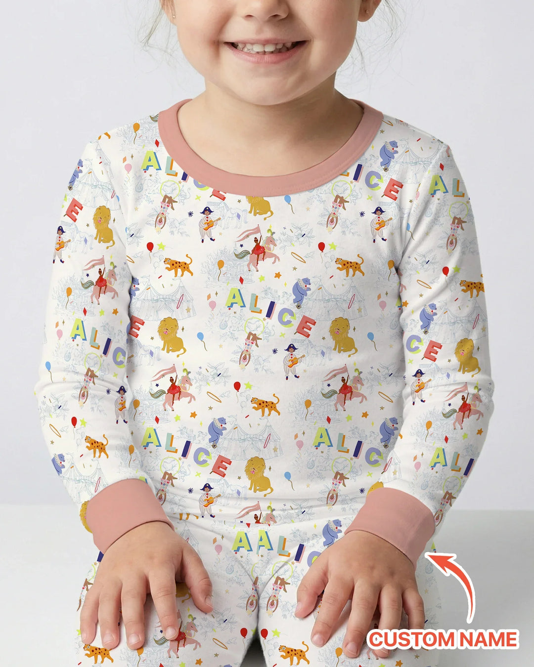 Custom Name Circus Toile Bamboo Two Piece Long Sleeve Pajama Set