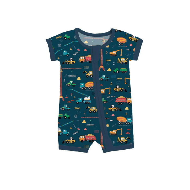 Dark Slate Gray Construction Shorty Zippered Romper , Dark Slate Gray Construction Shorty Zippered Romper - 0-3M